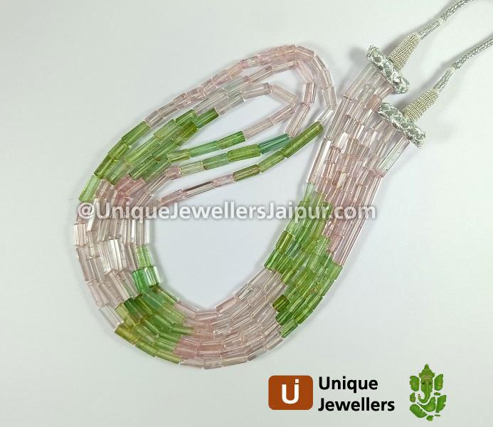Multi Pink And Green Tourmaline Step Cut Pipe Beads